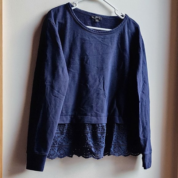 J. Crew Navy Eyelet Lace Trimmed Scoop Neck Sweatshirt Size Medium - Picture 3 of 12
